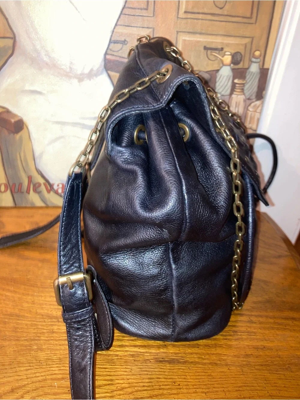 Frye Jade Studded Leather Convertible Leather Backpack with Chain Strap Black